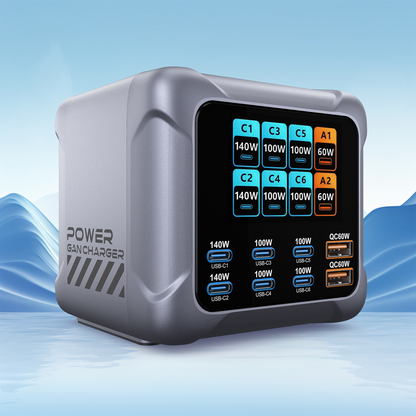 OEM-laddstation BK-126D, 140W, 5A, 2 x USB-A - 6 x USB-C, Grå