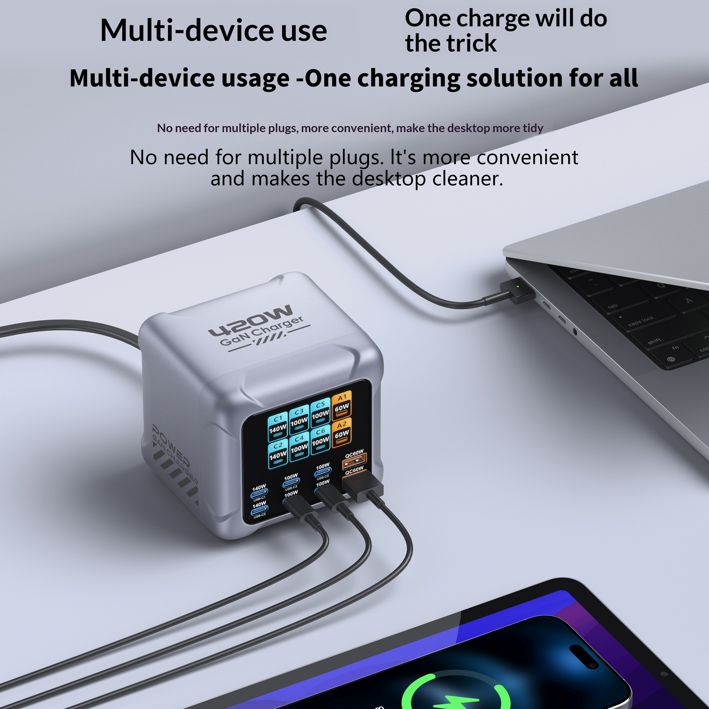 OEM-laddstation BK-126D, 140W, 5A, 2 x USB-A - 6 x USB-C, Grå