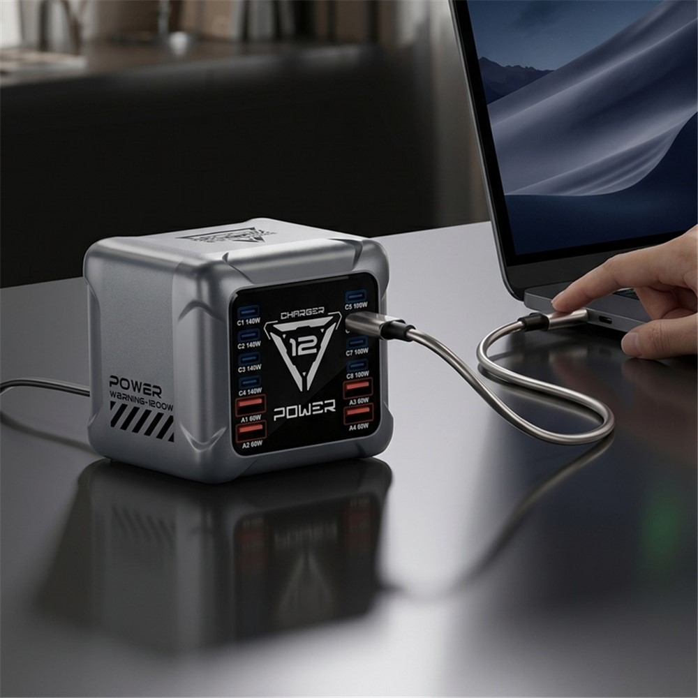 OEM-laddstation BK-127D, 280W, 5A, 4 x USB-A - 8 x USB-C, Grå