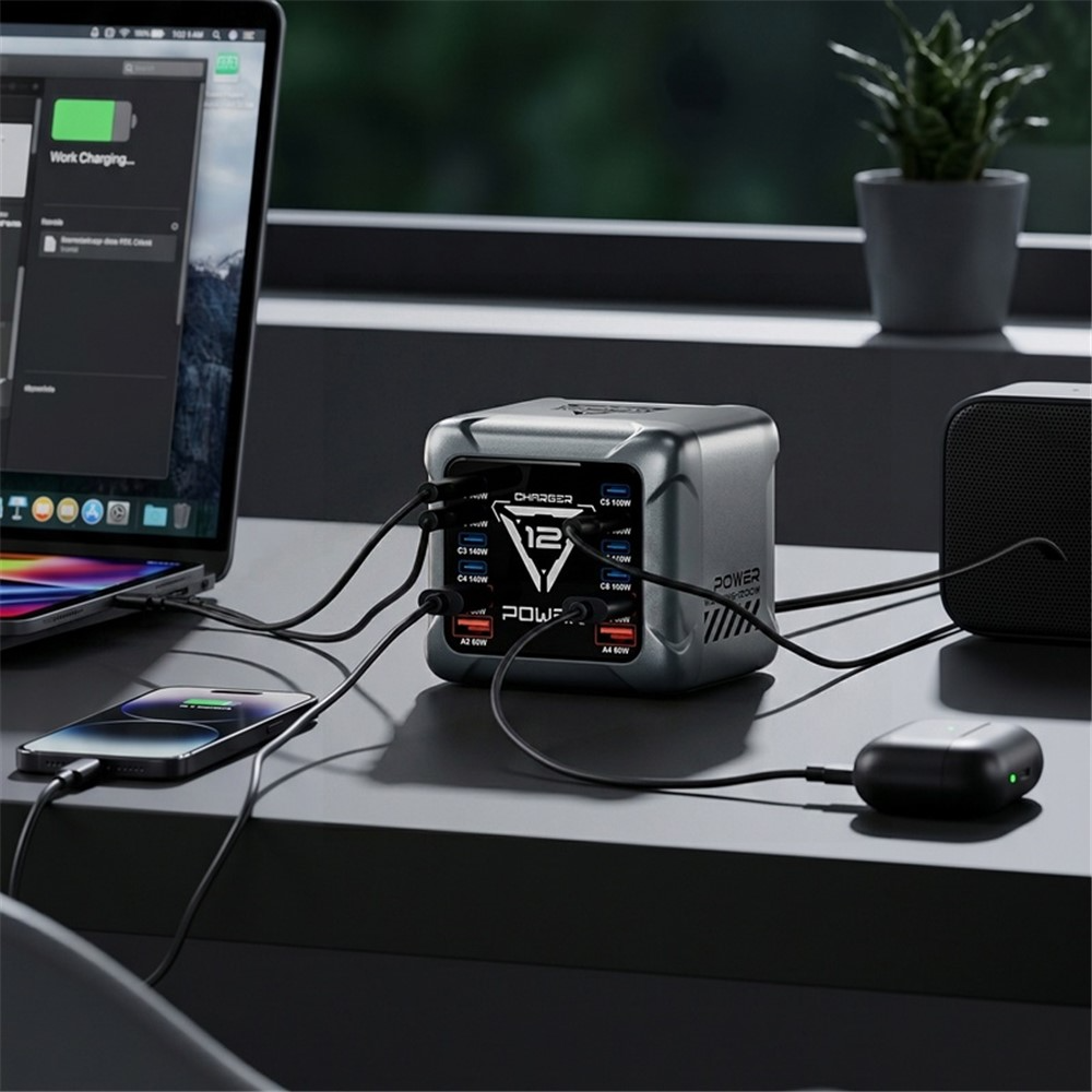 OEM-laddstation BK-127D, 280W, 5A, 4 x USB-A - 8 x USB-C, Grå