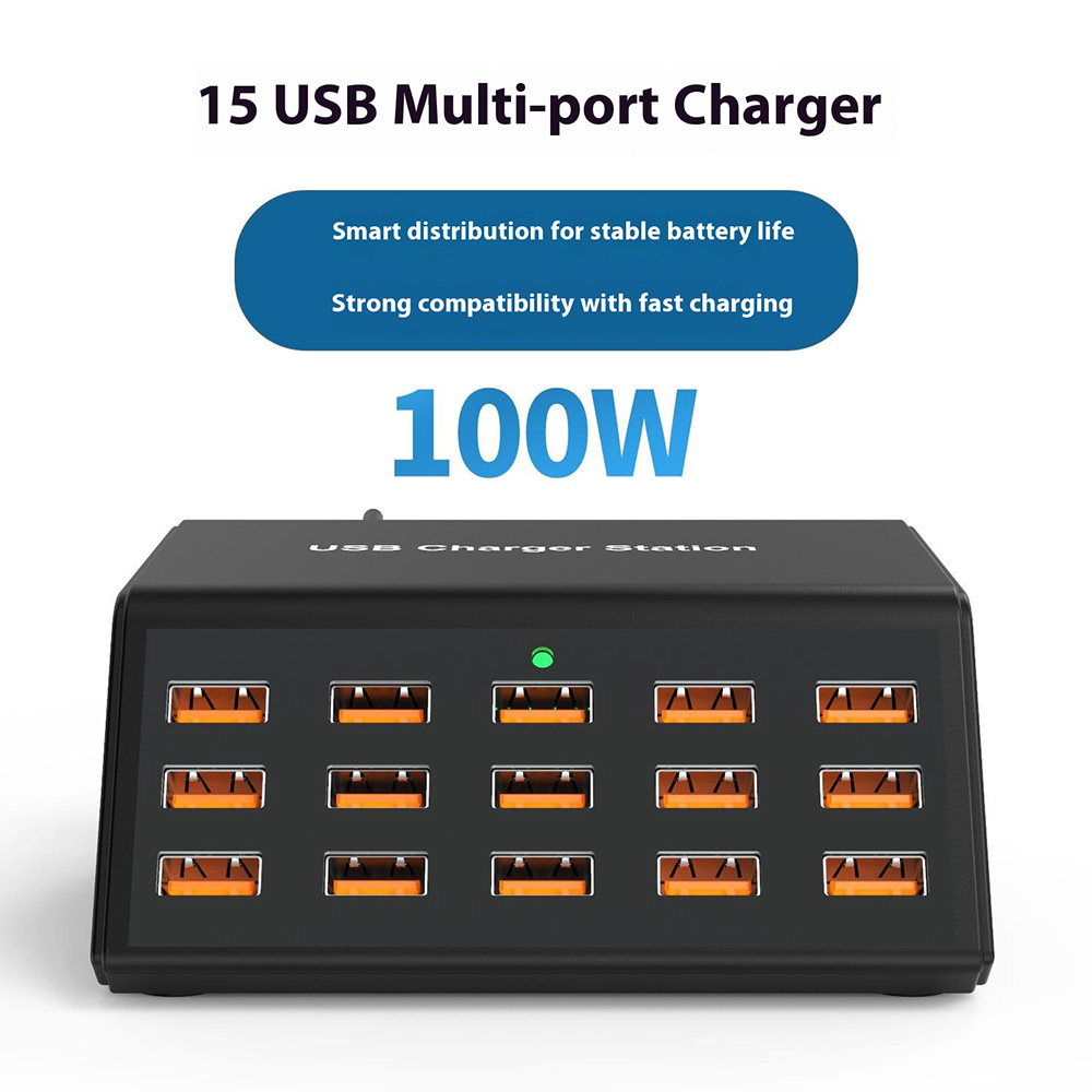 OEM Station Laddare HW15, 100W, 2A, 15 x USB-A, Svart