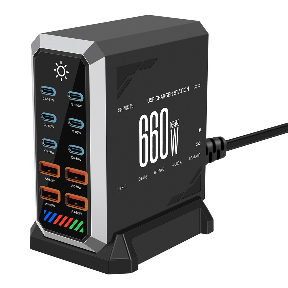OEM HW18 Station Laddare, 660W, 5A, 4 x USB-A - 6 x USB-C, Svart