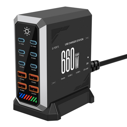 OEM HW18 Station Laddare, 660W, 5A, 4 x USB-A - 6 x USB-C, Svart