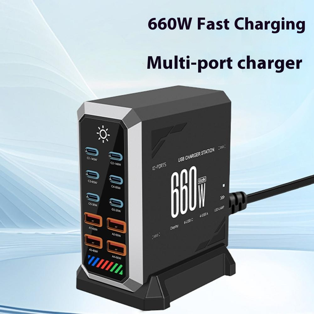 OEM HW18 Station Laddare, 660W, 5A, 4 x USB-A - 6 x USB-C, Svart