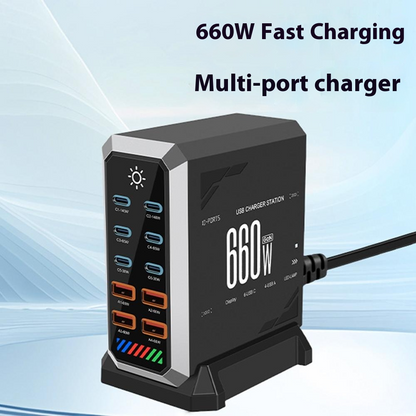 OEM HW18 Station Laddare, 660W, 5A, 4 x USB-A - 6 x USB-C, Svart