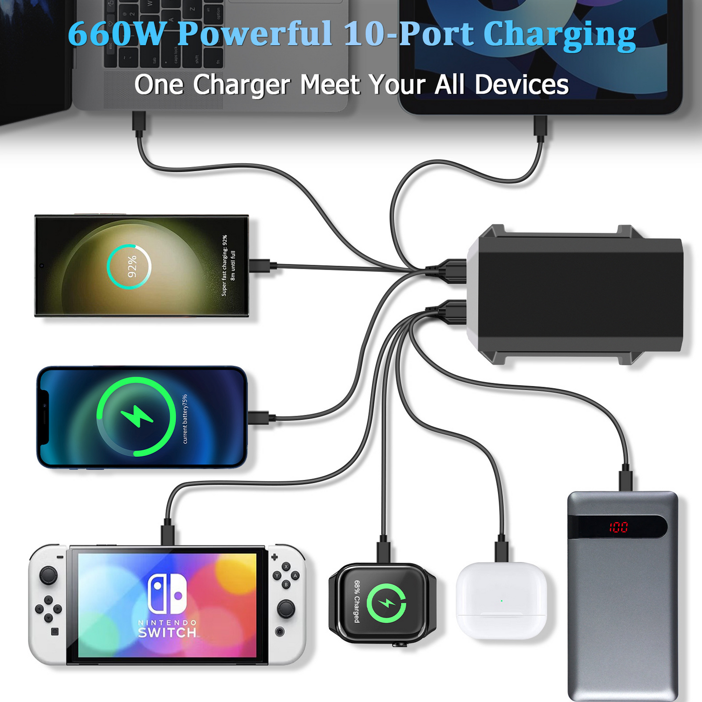 OEM HW18 Station Laddare, 660W, 5A, 4 x USB-A - 6 x USB-C, Svart
