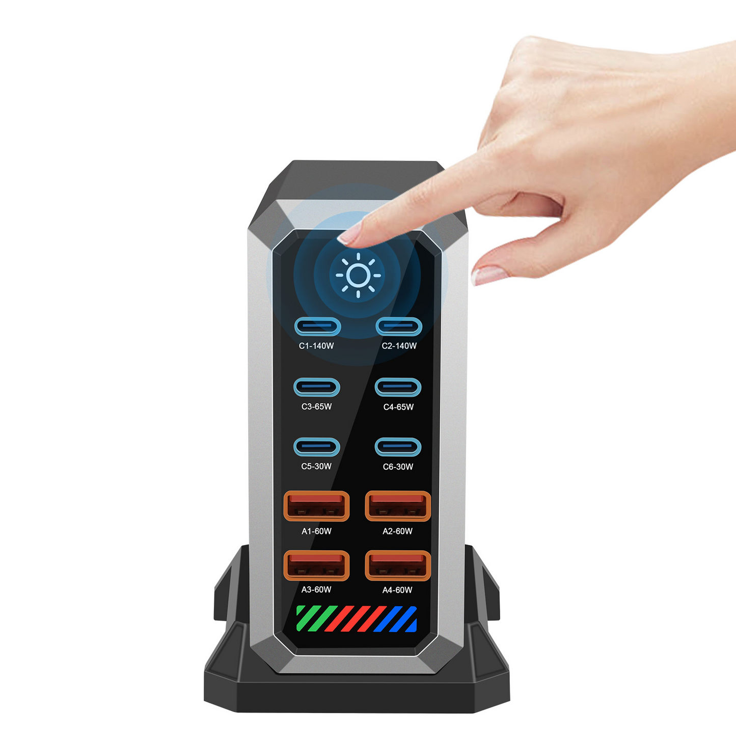 OEM HW18 Station Laddare, 660W, 5A, 4 x USB-A - 6 x USB-C, Svart