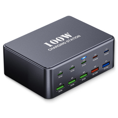 OEM HW33 Stationär Laddare, 100W, 3A, 5 x USB-A - 5 x USB-C, Grå