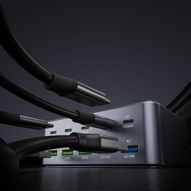 OEM HW33 Stationär Laddare, 100W, 3A, 5 x USB-A - 5 x USB-C, Grå