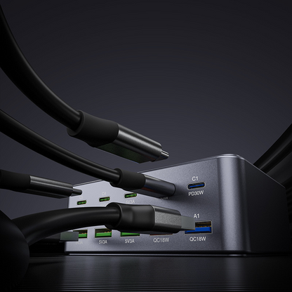 OEM HW33 Stationär Laddare, 100W, 3A, 5 x USB-A - 5 x USB-C, Grå