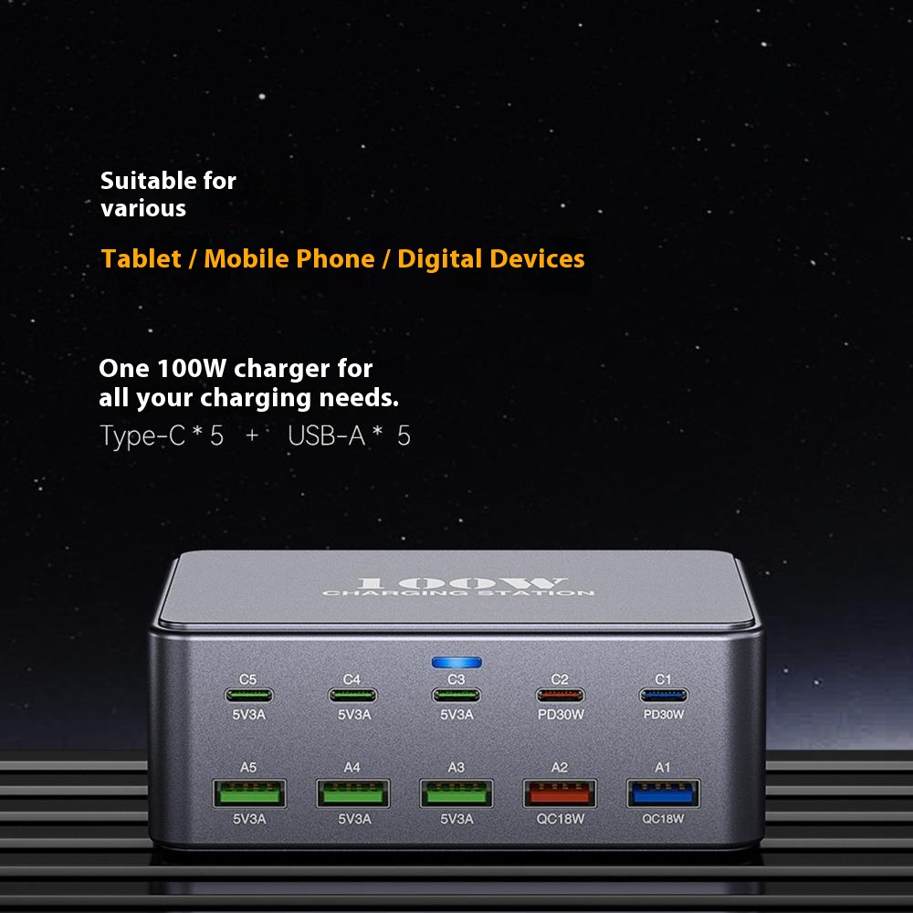 OEM HW33 Stationär Laddare, 100W, 3A, 5 x USB-A - 5 x USB-C, Grå