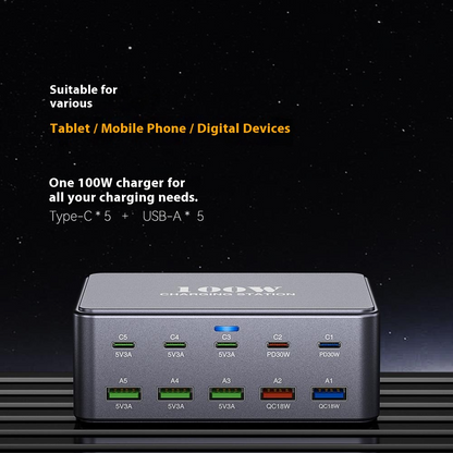 OEM HW33 Stationär Laddare, 100W, 3A, 5 x USB-A - 5 x USB-C, Grå
