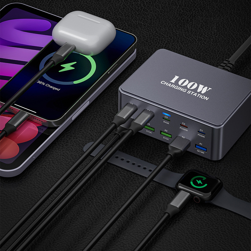 OEM HW33 Stationär Laddare, 100W, 3A, 5 x USB-A - 5 x USB-C, Grå