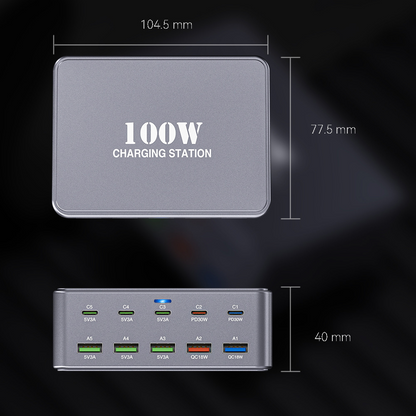 OEM HW33 Stationär Laddare, 100W, 3A, 5 x USB-A - 5 x USB-C, Grå
