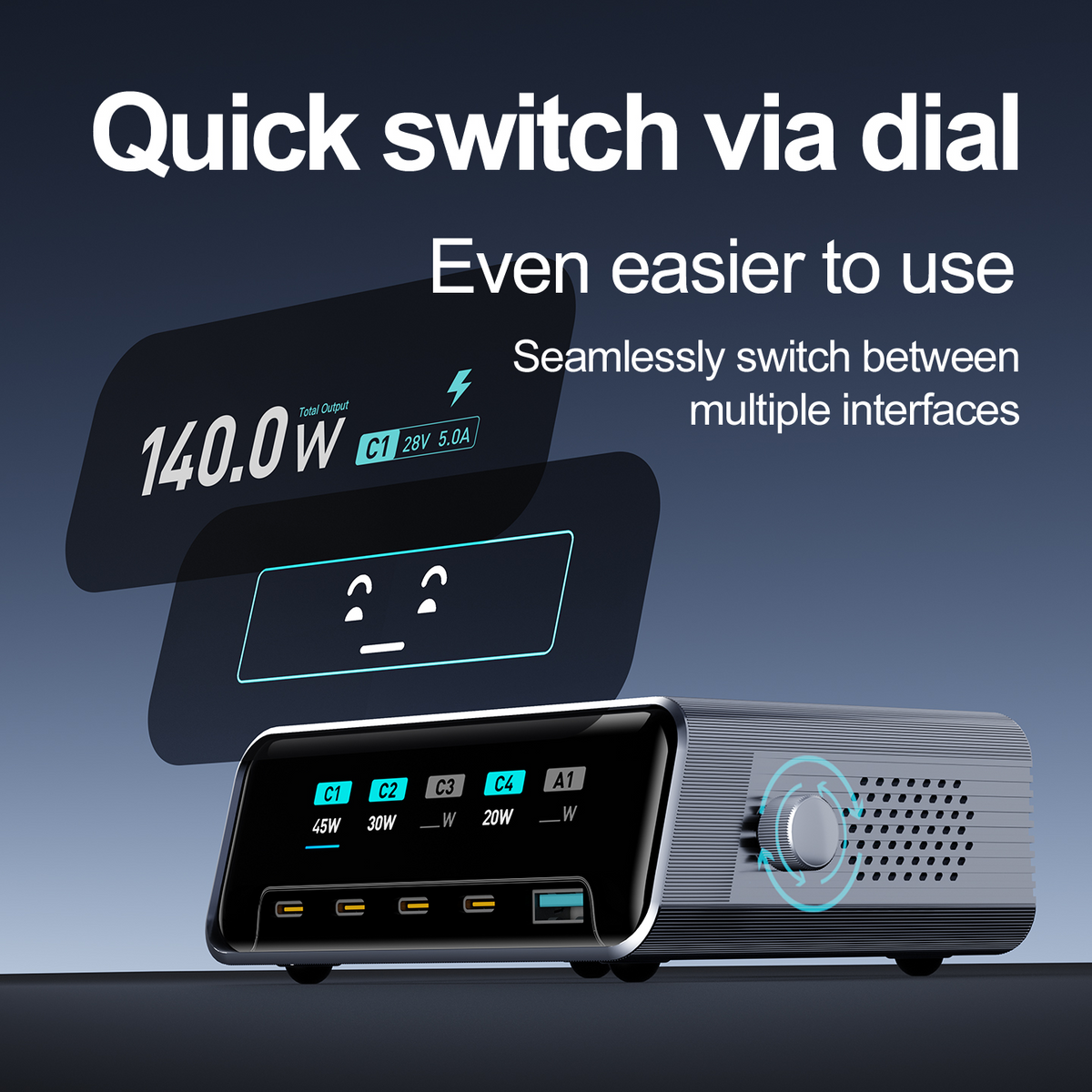 OEM-stationsladdare WLX-60G, 140W, 5A, 1 x USB-A - 4 x USB-C, Grå