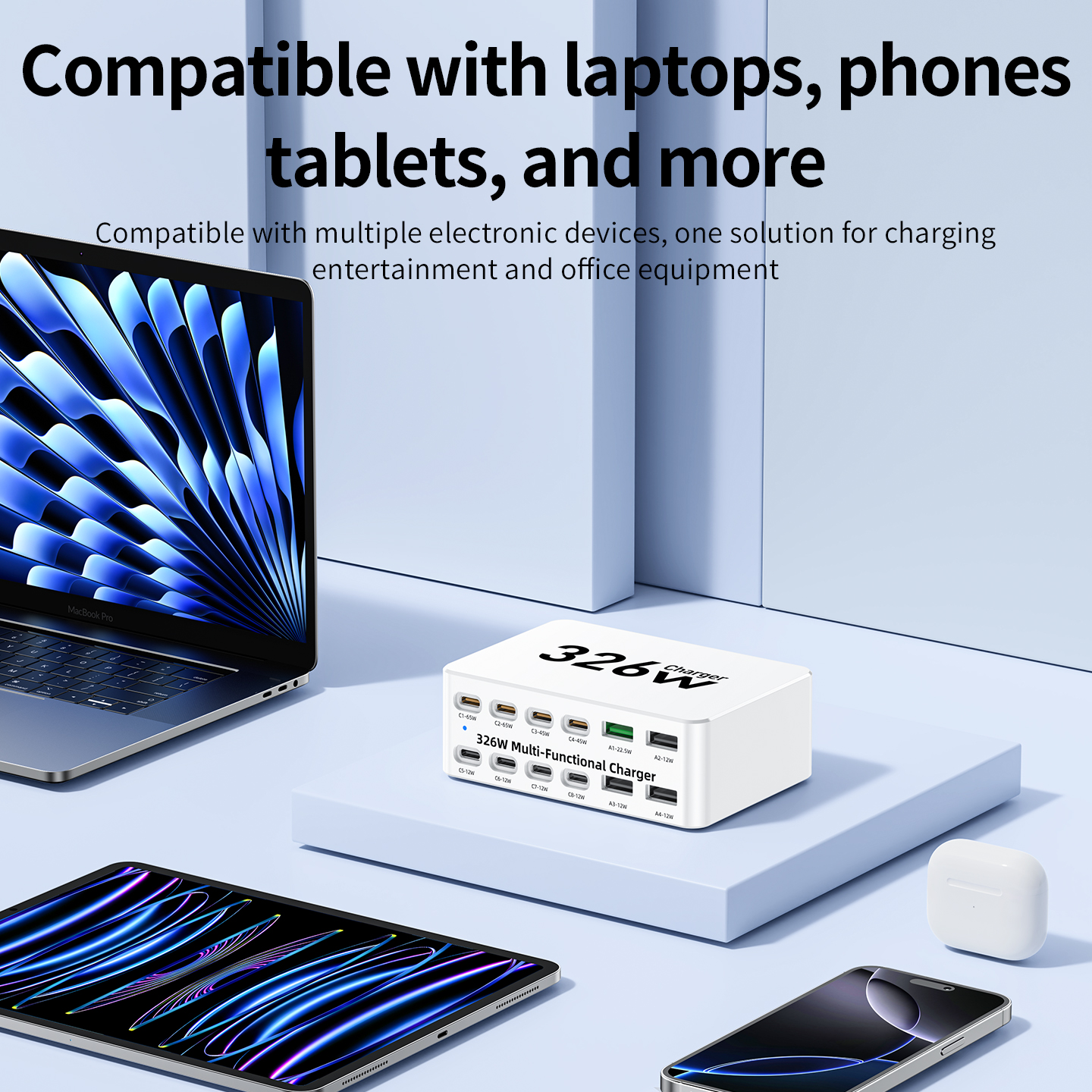 OEM-laddstation WLX-818E, 326W, 3,25A, 4 x USB-A - 8 x USB-C, Vit