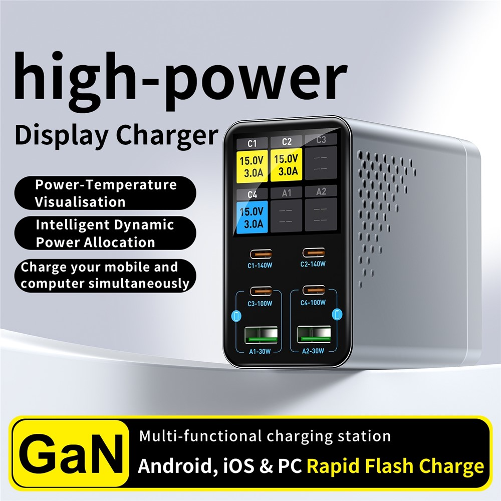 OEM WLX-G3 Station Laddare, 140W, 5A, 2 x USB-A - 4 x USB-C, Grå