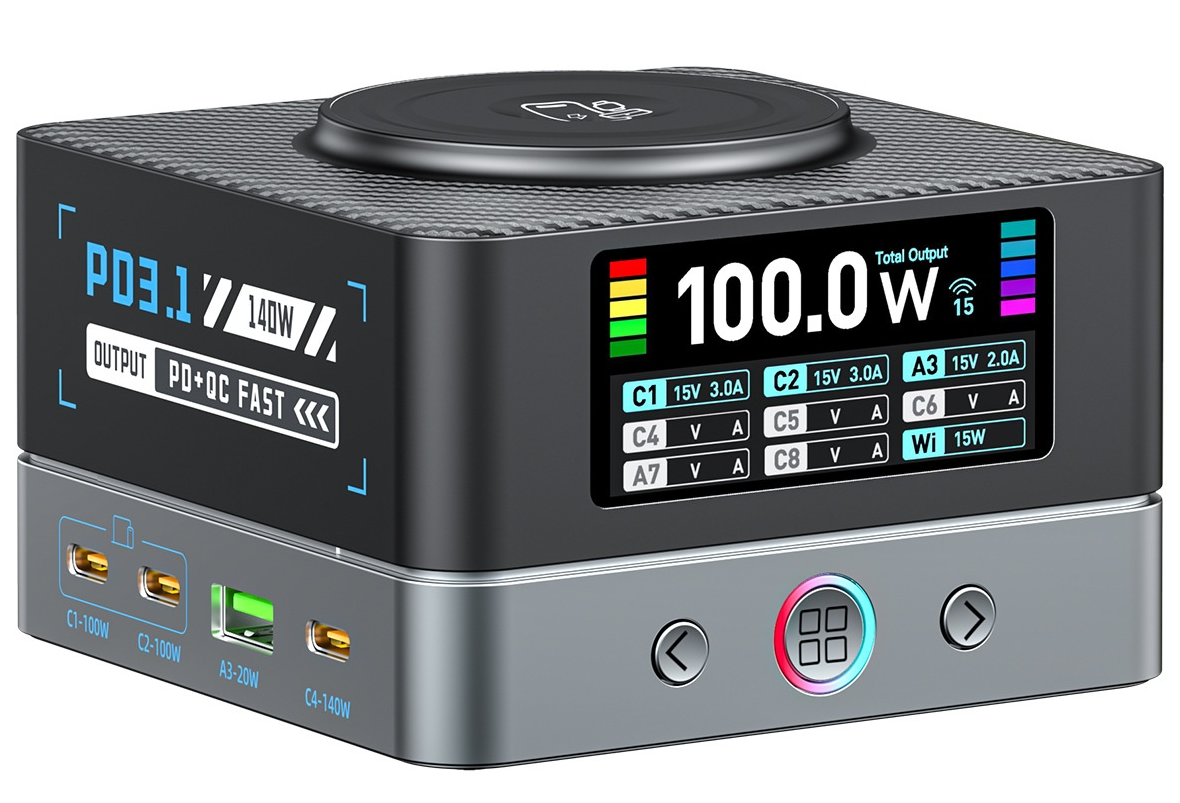 OEM WLX-R8A QI-laddstation, 140W, 5A, 2 x USB-A - 6 x USB-C, Grå