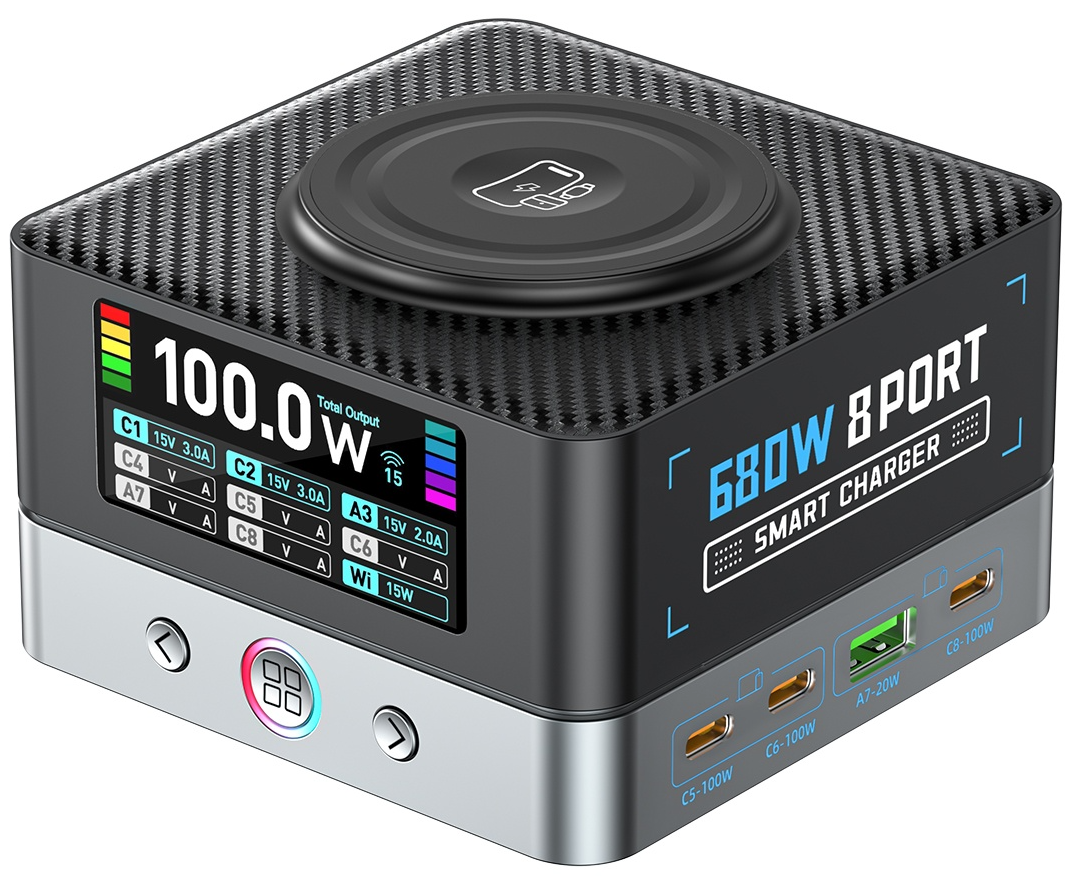 OEM WLX-R8A QI-laddstation, 140W, 5A, 2 x USB-A - 6 x USB-C, Grå