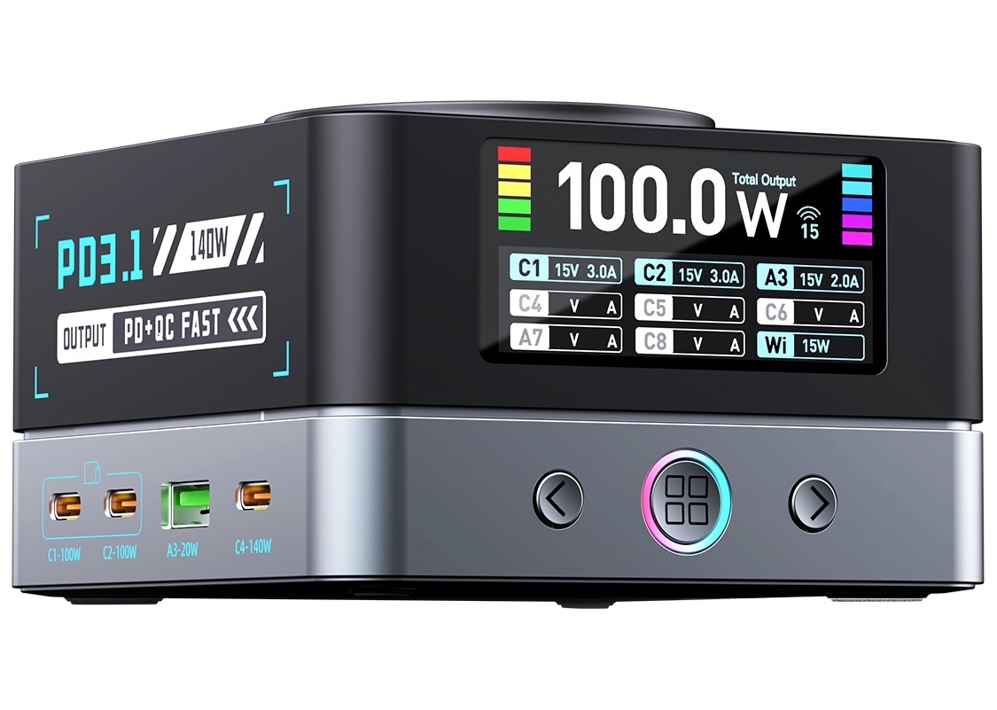 OEM WLX-R8A QI-laddstation, 140W, 5A, 2 x USB-A - 6 x USB-C, Grå