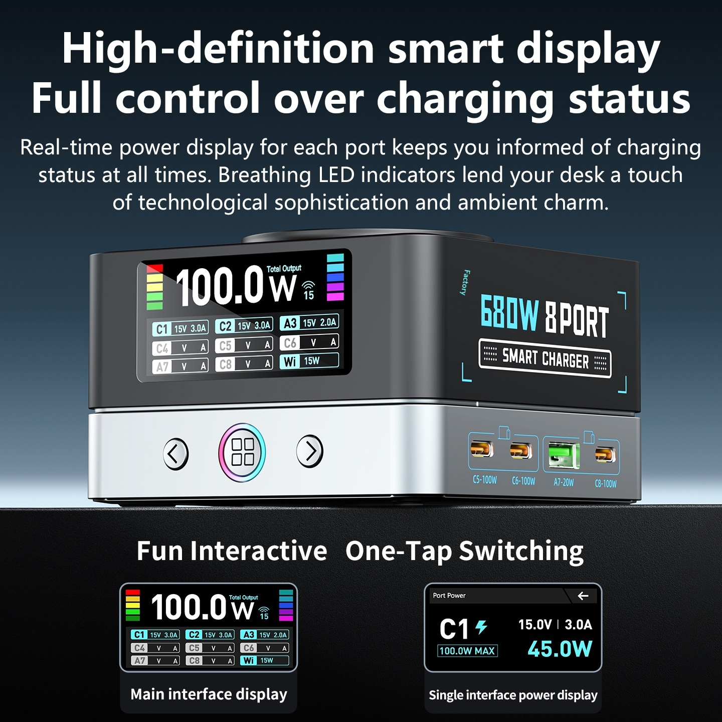 OEM WLX-R8A QI-laddstation, 140W, 5A, 2 x USB-A - 6 x USB-C, Grå