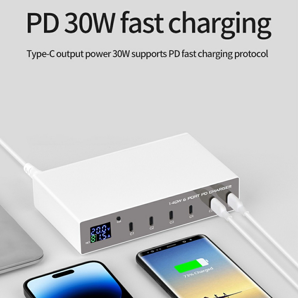 OEM WLX-X6P Station Laddare, 140W, 3A, 6 x USB-C, Silver