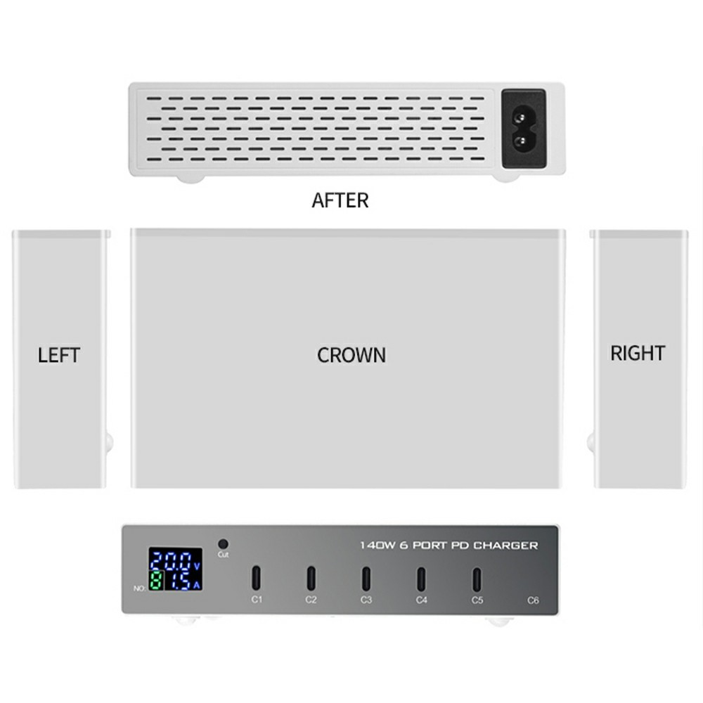OEM WLX-X6P Station Laddare, 140W, 3A, 6 x USB-C, Silver