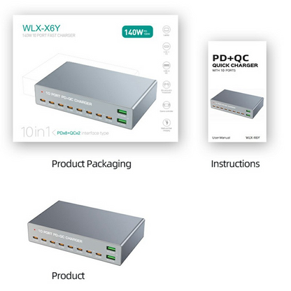 OEM-laddstation WLX-X6Y, 140W, 5A, 2 x USB-A - 8 x USB-C, Silver