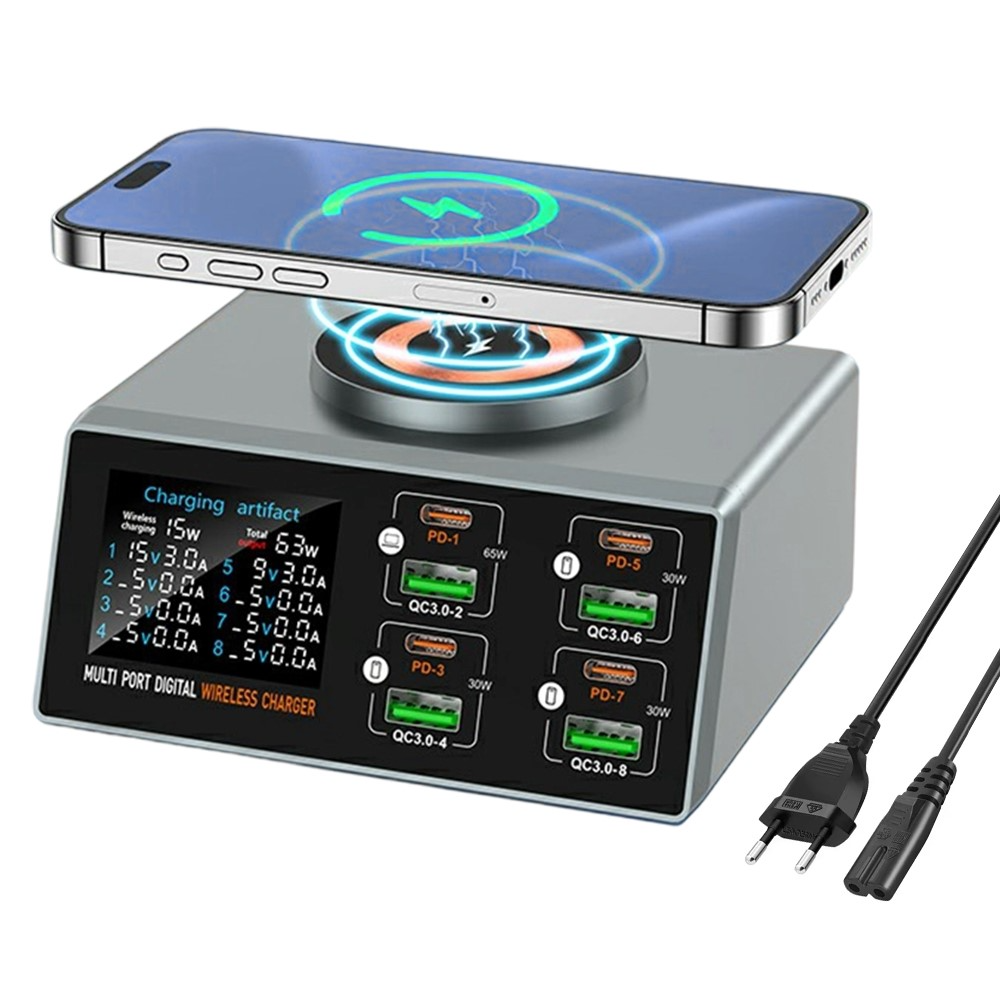 OEM WLX-X9S QI laddstation, 140W, 3A, 4 x USB-A - 4 x USB-C, Silver