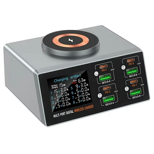 OEM WLX-X9S QI laddstation, 140W, 3A, 4 x USB-A - 4 x USB-C, Silver