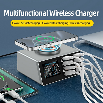 OEM WLX-X9S QI laddstation, 140W, 3A, 4 x USB-A - 4 x USB-C, Silver