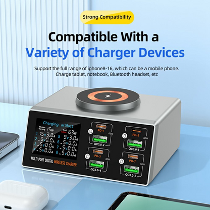 OEM WLX-X9S QI laddstation, 140W, 3A, 4 x USB-A - 4 x USB-C, Silver