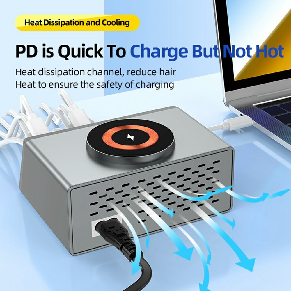 OEM WLX-X9S QI laddstation, 140W, 3A, 4 x USB-A - 4 x USB-C, Silver