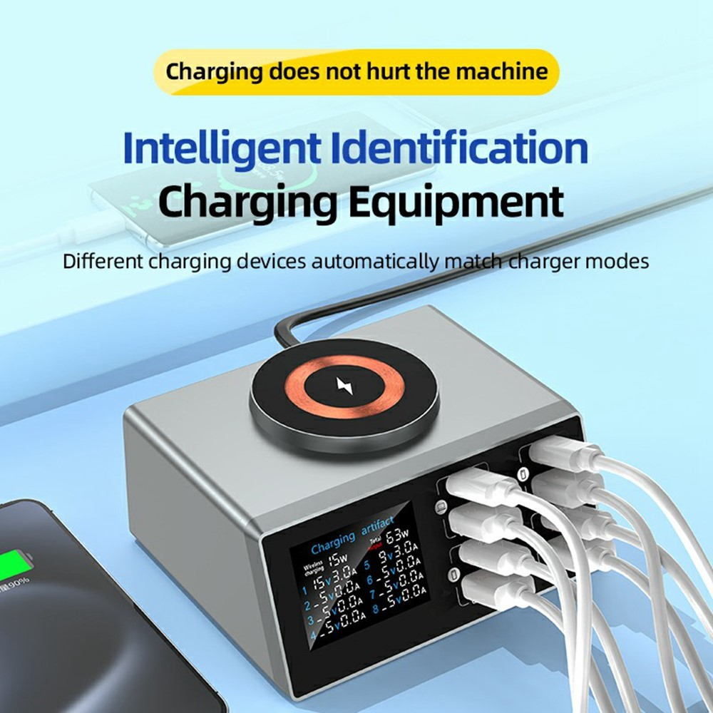 OEM WLX-X9S QI laddstation, 140W, 3A, 4 x USB-A - 4 x USB-C, Silver