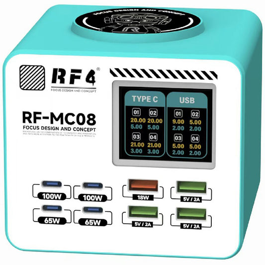 Laddare Station RF4 RF-MC08, 150W, 5A, 4 x USB-A - 4 x USB-C, Turkos