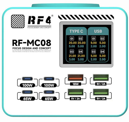 Laddare Station RF4 RF-MC08, 150W, 5A, 4 x USB-A - 4 x USB-C, Turkos
