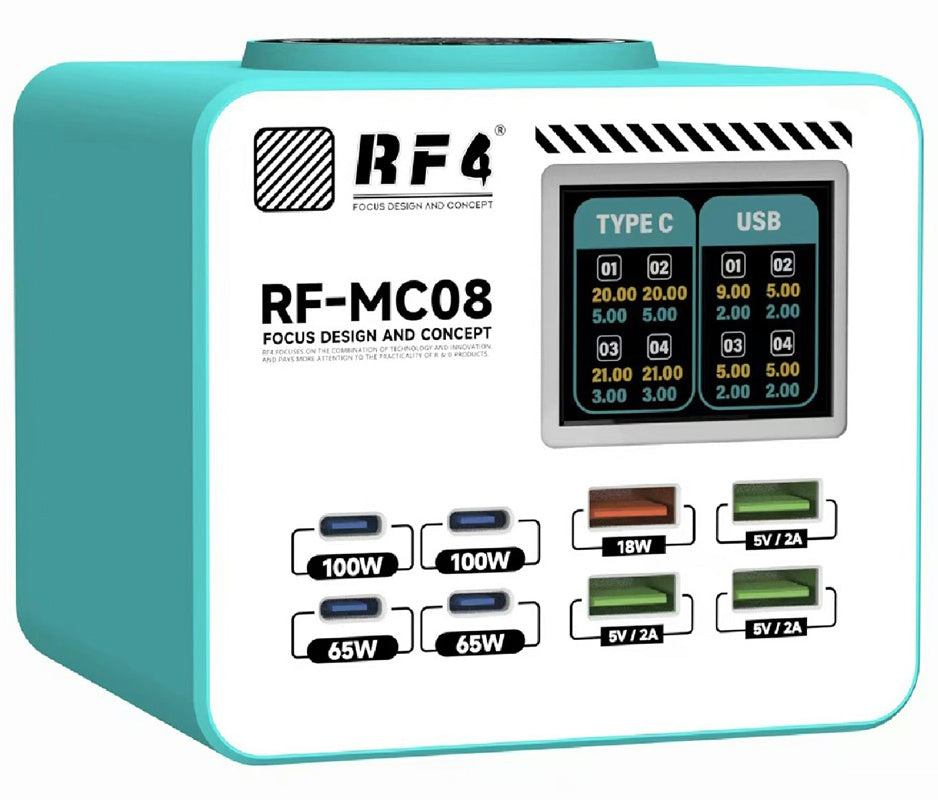 Laddare Station RF4 RF-MC08, 150W, 5A, 4 x USB-A - 4 x USB-C, Turkos