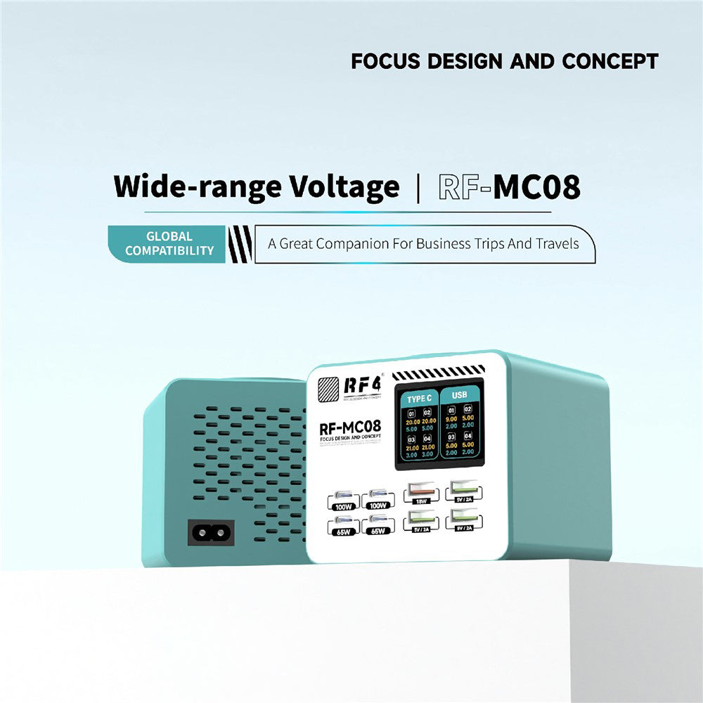 Laddare Station RF4 RF-MC08, 150W, 5A, 4 x USB-A - 4 x USB-C, Turkos