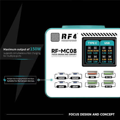 Laddare Station RF4 RF-MC08, 150W, 5A, 4 x USB-A - 4 x USB-C, Turkos
