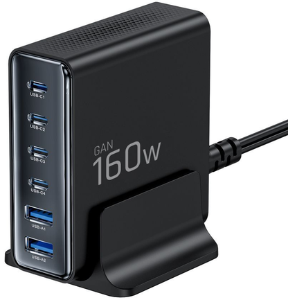 Laddstation Tech-Protect DC160W-GAN, 160W, 5A, 2 x USB-A - 4 x USB-C, Svart