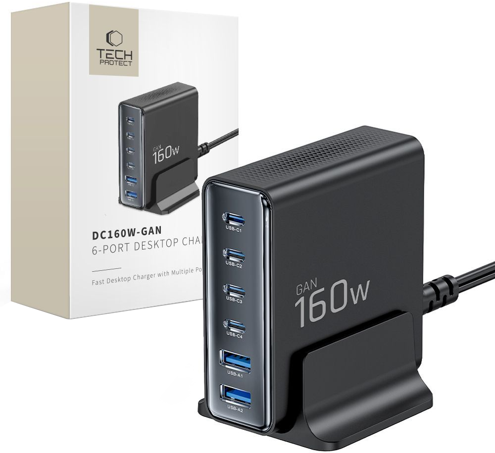 Laddstation Tech-Protect DC160W-GAN, 160W, 5A, 2 x USB-A - 4 x USB-C, Svart