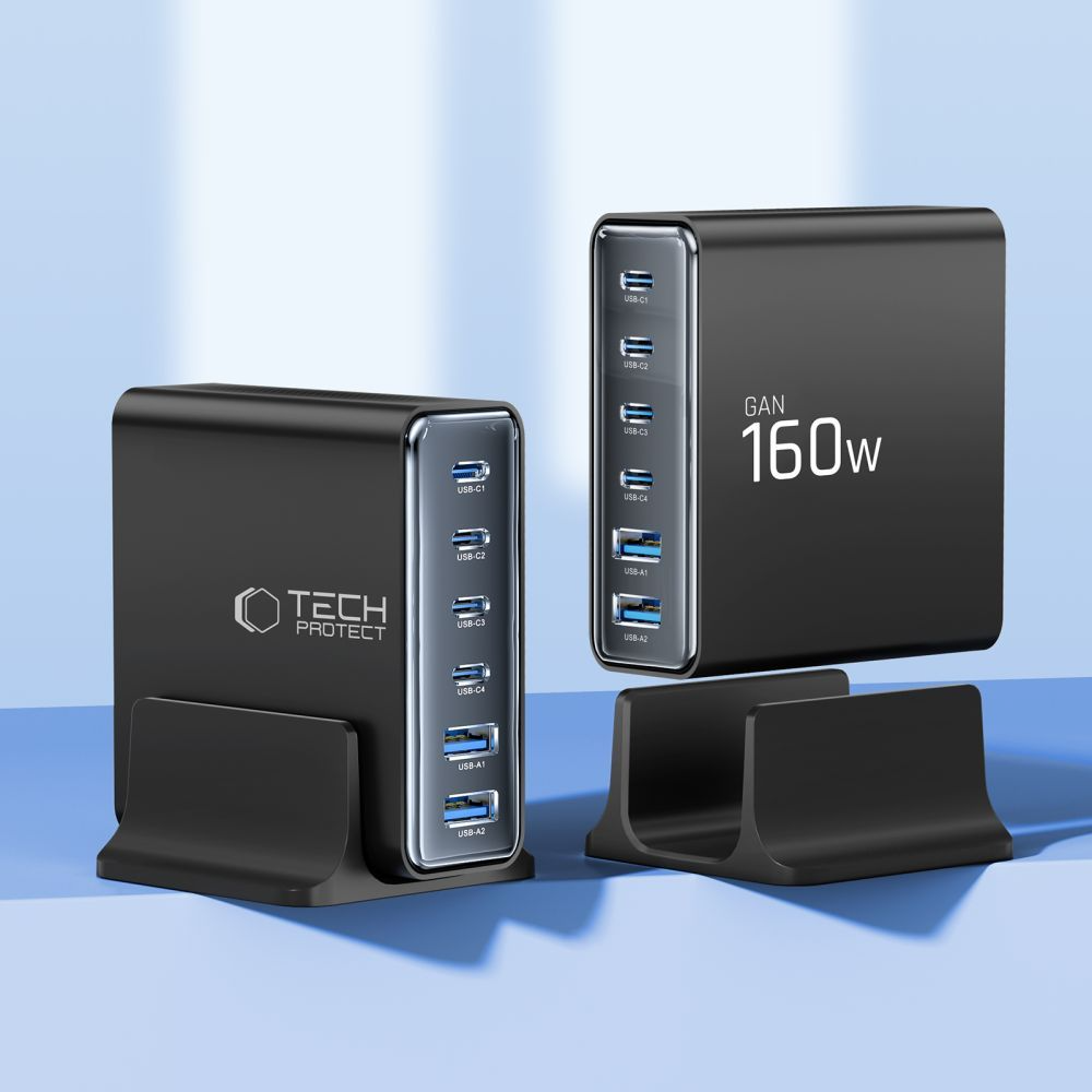 Laddstation Tech-Protect DC160W-GAN, 160W, 5A, 2 x USB-A - 4 x USB-C, Svart