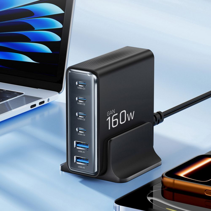 Laddstation Tech-Protect DC160W-GAN, 160W, 5A, 2 x USB-A - 4 x USB-C, Svart