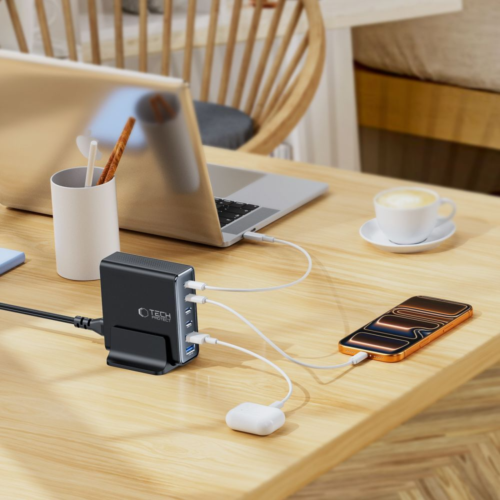 Laddstation Tech-Protect DC160W-GAN, 160W, 5A, 2 x USB-A - 4 x USB-C, Svart
