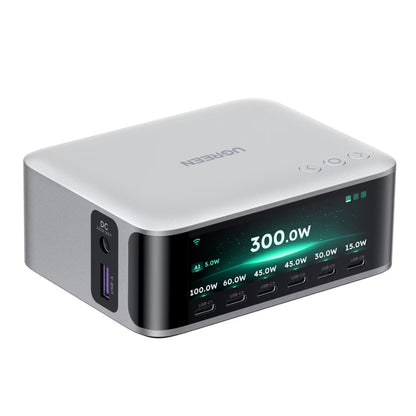 Laddningsstation UGREEN Nexode Pro X783 (75753B) med display, 300 W, 5 A, 1 x USB-A – 6 x USB-C – 1 x DC, grå