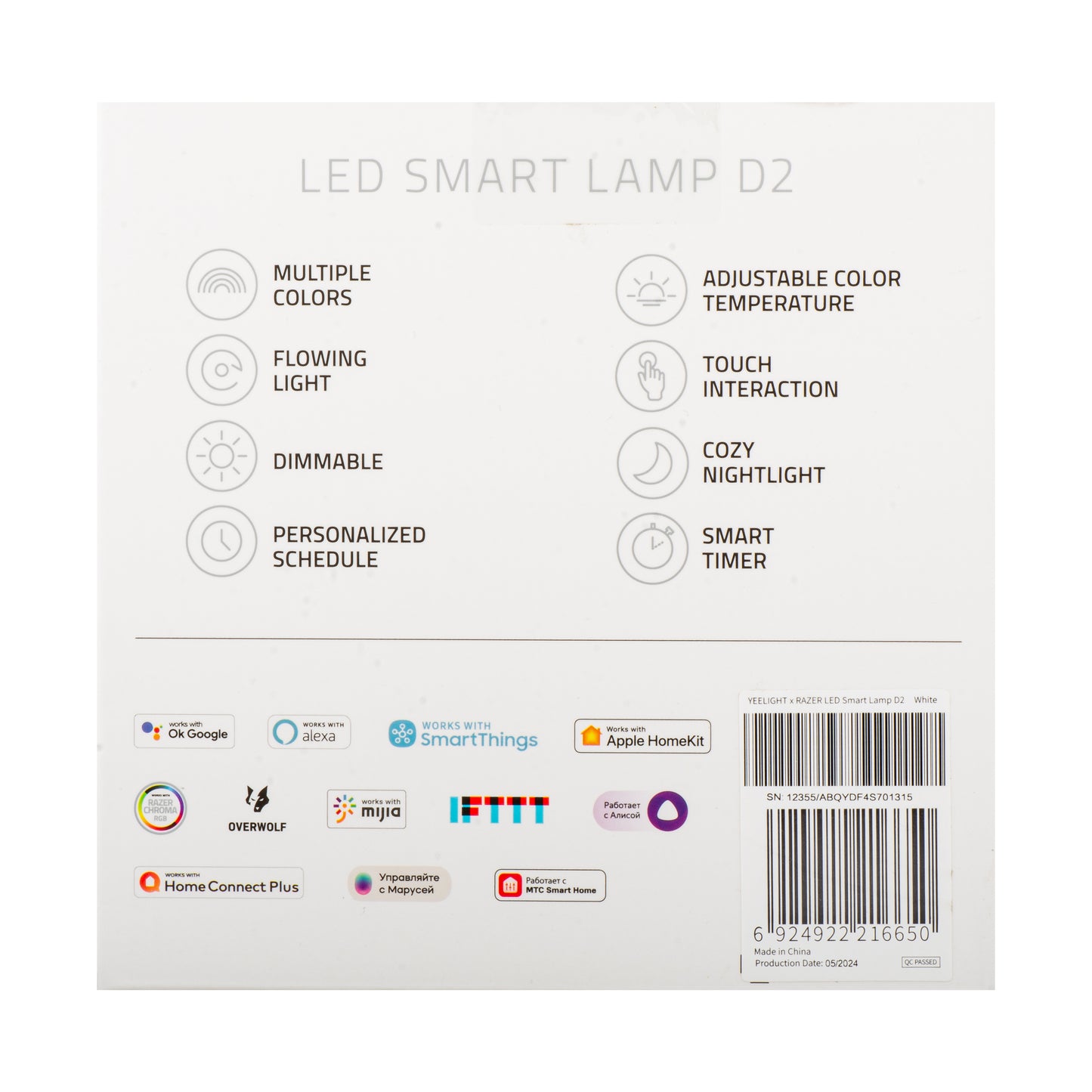 Yeelight D2 Bedside LED Lamp by Razer, Wi-Fi, 5W, 1700K - 6500K, 240lm, RGB, White, Resealed YLCT01YL