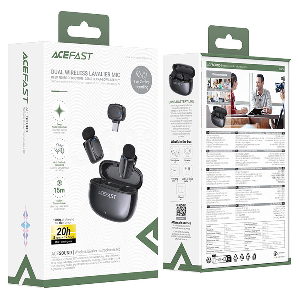 Lavaliermikrofon Acefast R2, USB-C, Set med 2 stycken, Svart