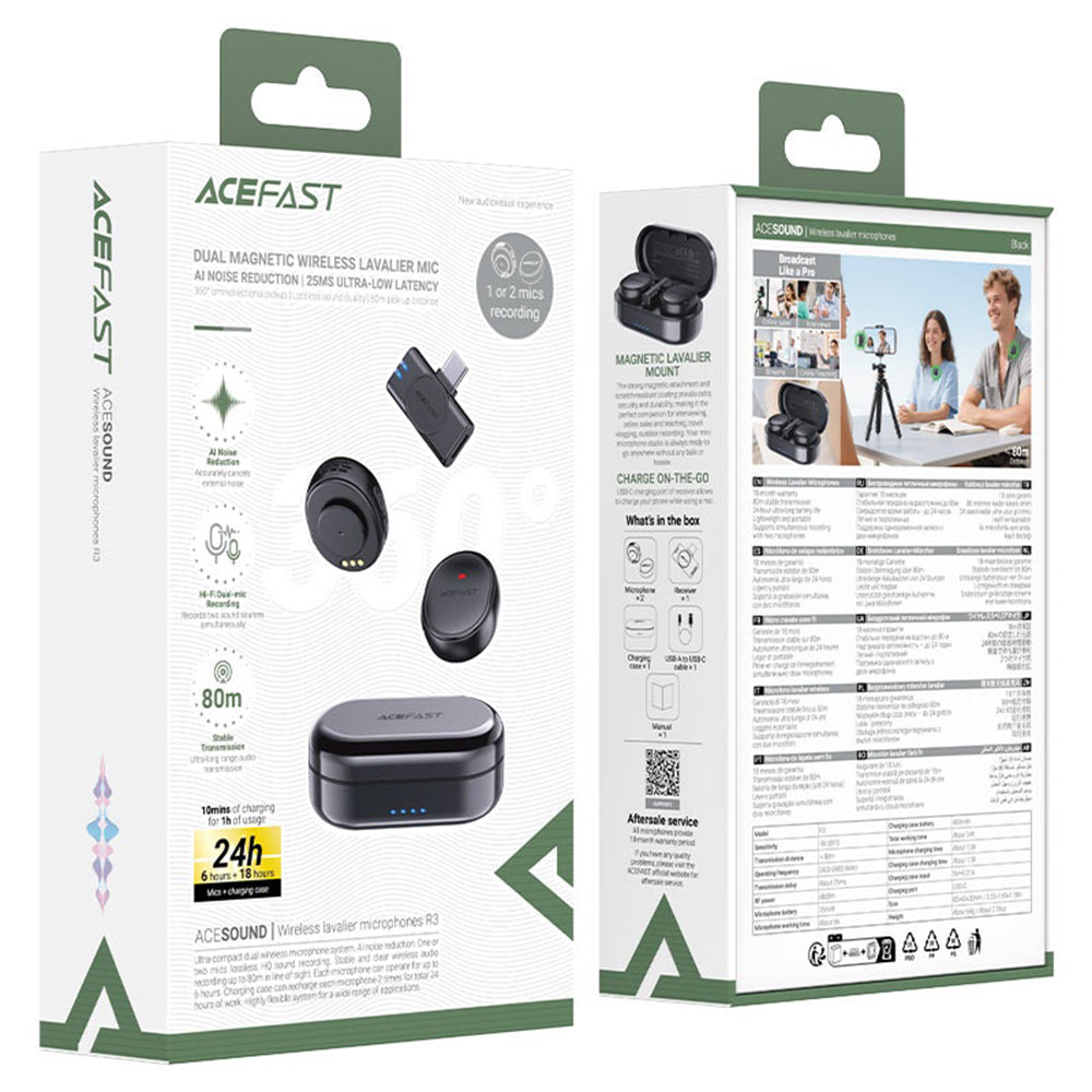 Lavaliermikrofon Acefast R3, USB-C, Set med 2 stycken, Svart