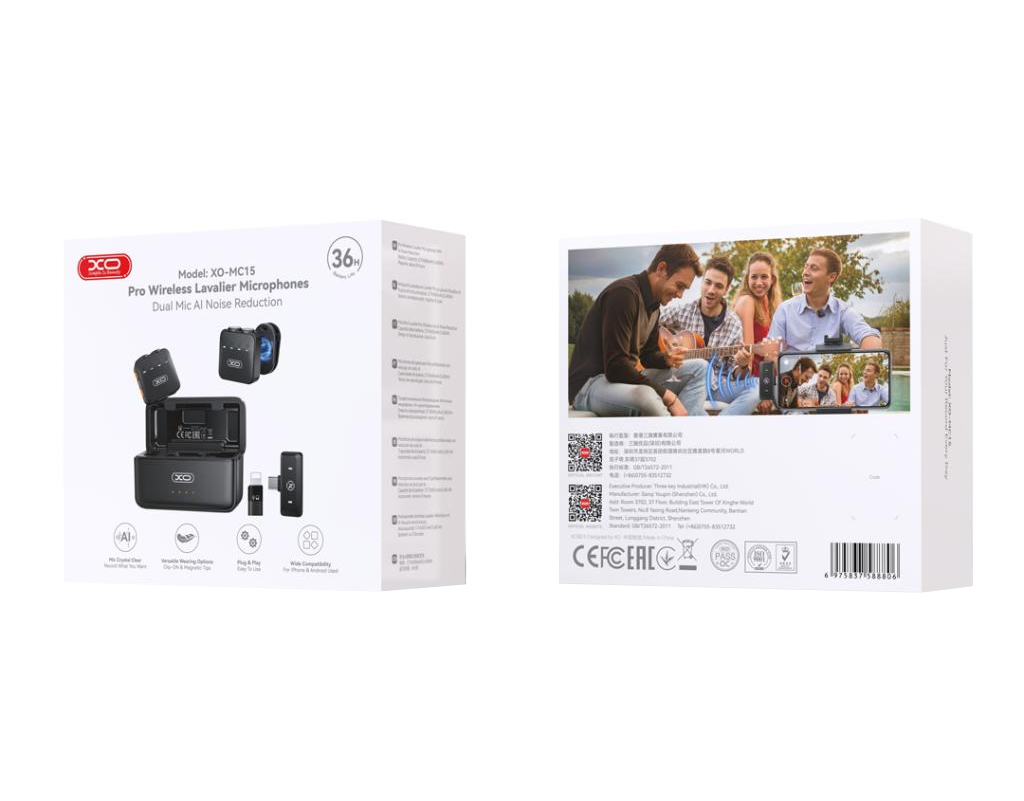 Lavaliermikrofon XO Design MC15 Dual, USB-C / Lightning, Set om 2 stycken, Svart
