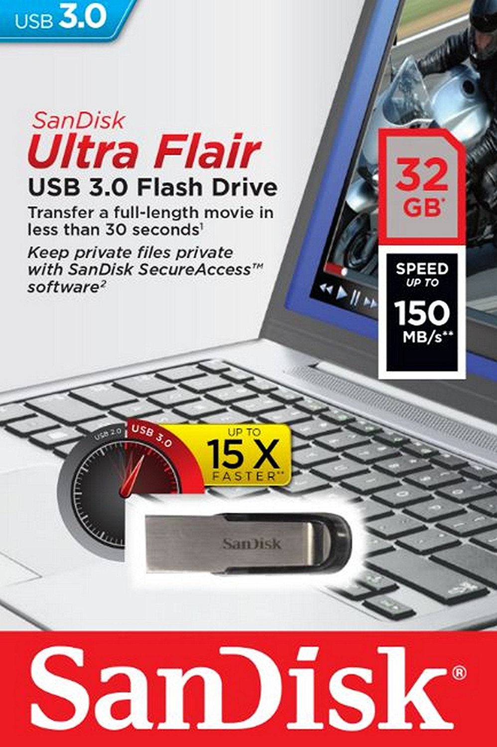 Externminne USB-A 3.0 SanDisk Ultra Flair, 32Gb SDCZ73-032G-G46